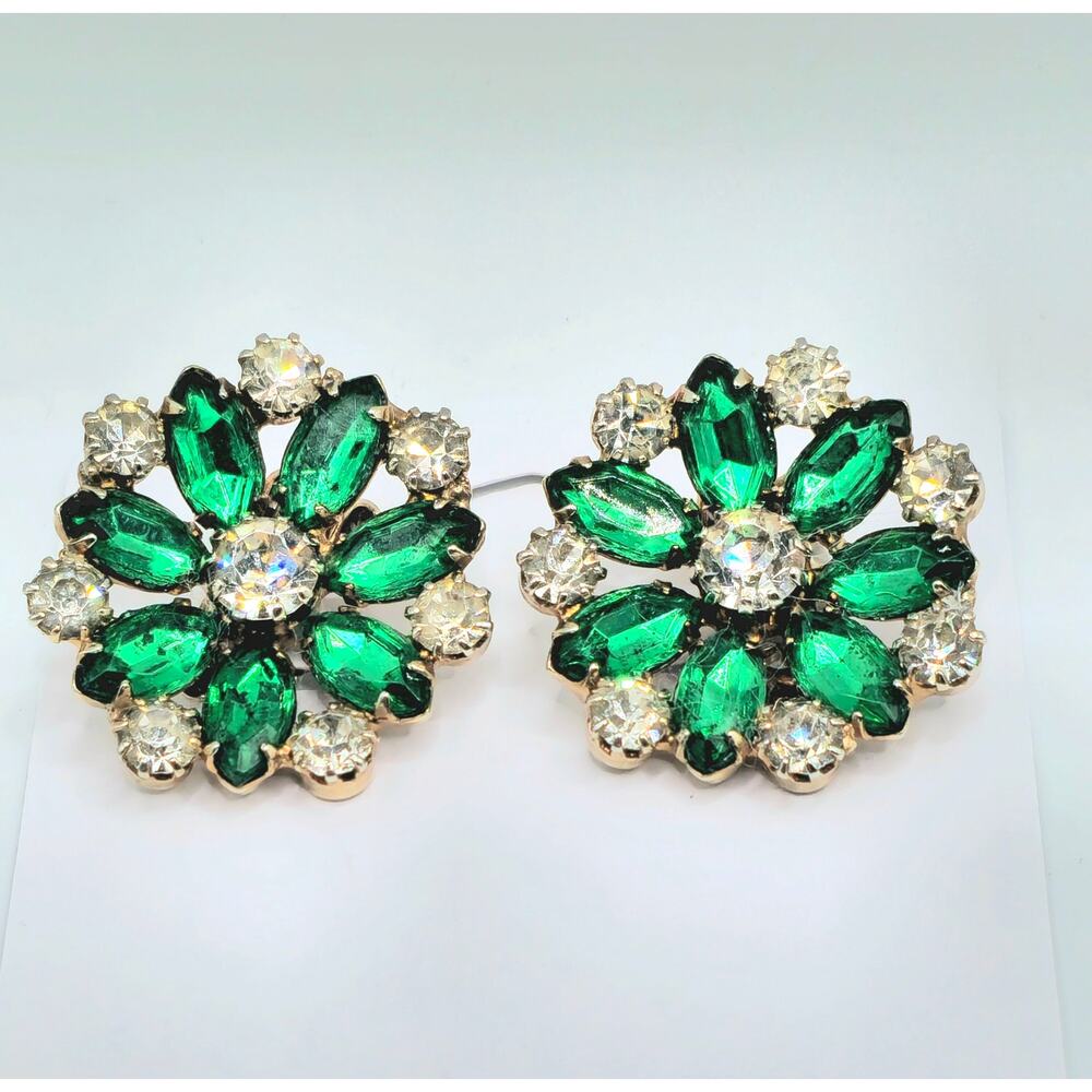 Beautiful Vintage Green and White Rhinestones in Floral Style Clip Earrings